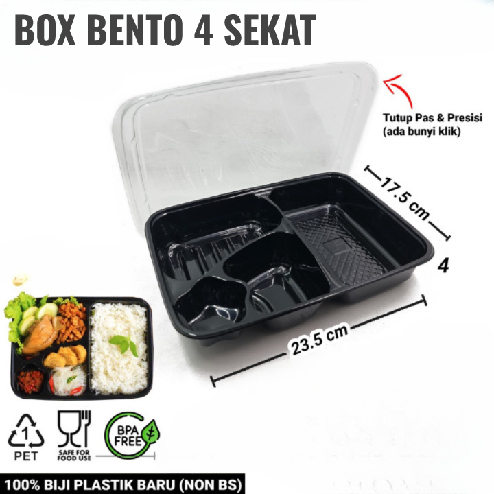 Mika Bento Sekat 4 LUX + Tutup / Mika Bento 4 Sekat Hitam / Tray Bento /  KOTAK MAKAN PLASTIK / Kota