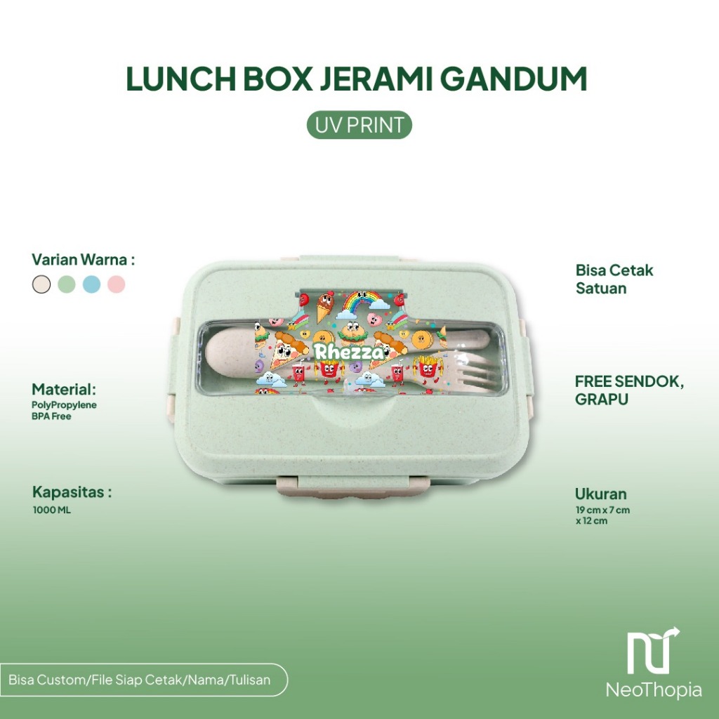 Custom Uv Print Lunch Box Kotak Makan Jerami Gandum Custom Nama Souvenir Anak 1000ml 4 In 1 Free Sen
