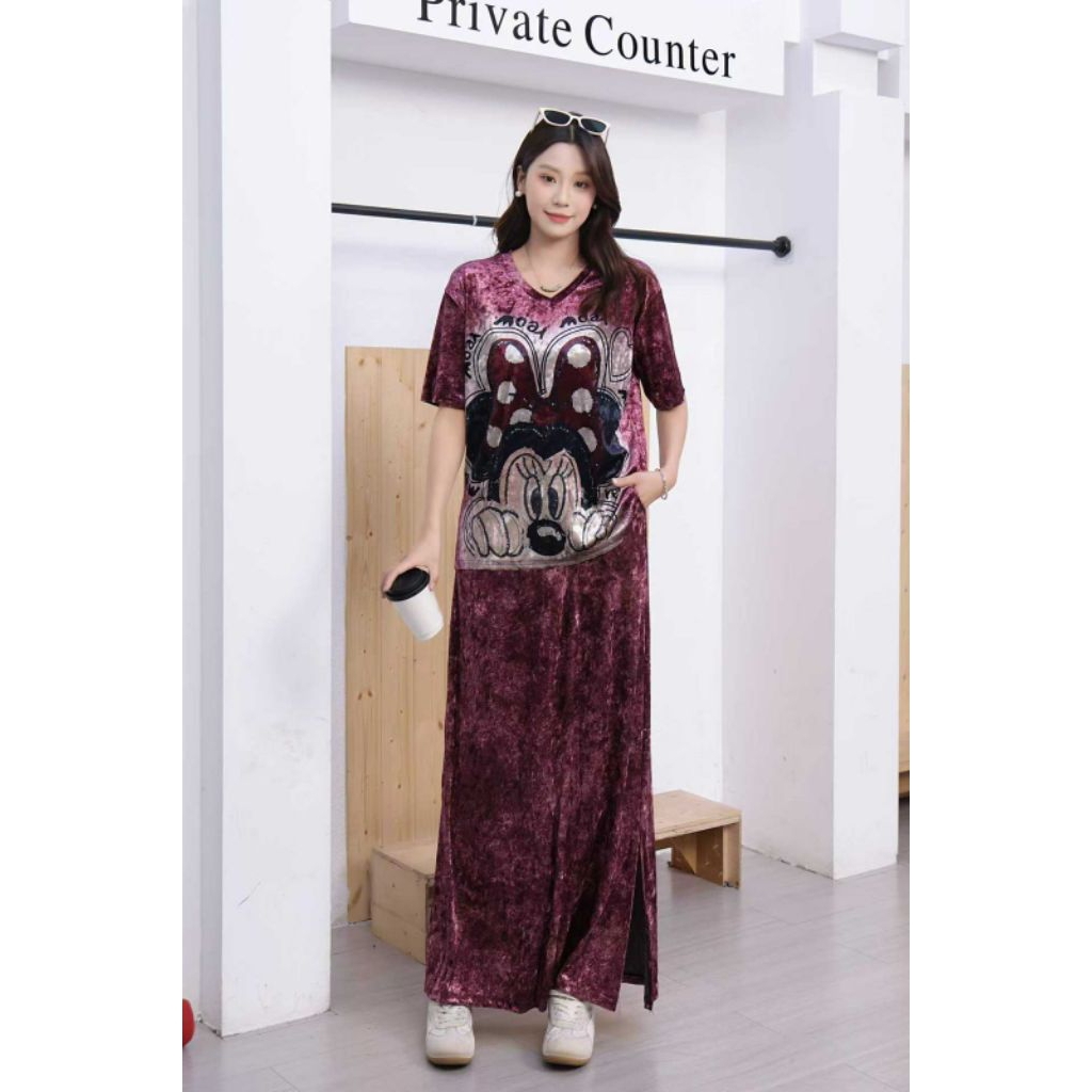 Setelan Rok panjang Velvet Bludru ( kaos V neck + rok maxi panjang )