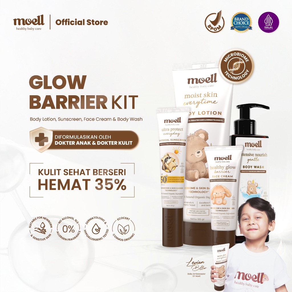 Moell Glow Barrier Kit deals Body Lotion 185gr & Physical Sunscreen 30gr & Face Cream 40gr & Body Wa