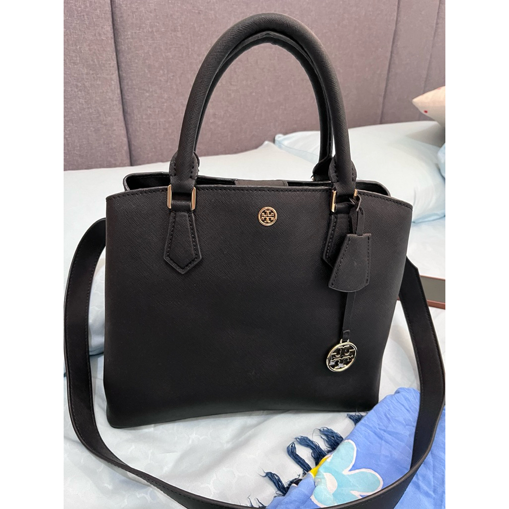 Tory Burch Robinson Medium Triple Compartment Black Leather Tote Bag Purse