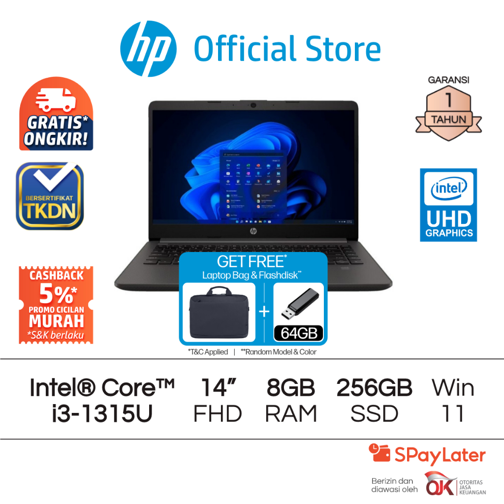 SERTIFIKASI TKDN - Laptop HP 240R G9 Intel Core i3-1315U UHD 8GB RAM 256GB SSD Dark Ash Silver Windo