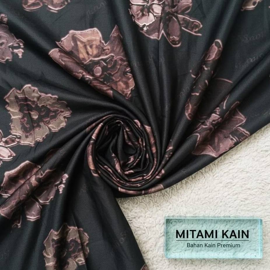 ​Kain Satin Baby Silk Motif Bunga Vintage Coklat Hitam Premium(Harga Per 0,5)MT
