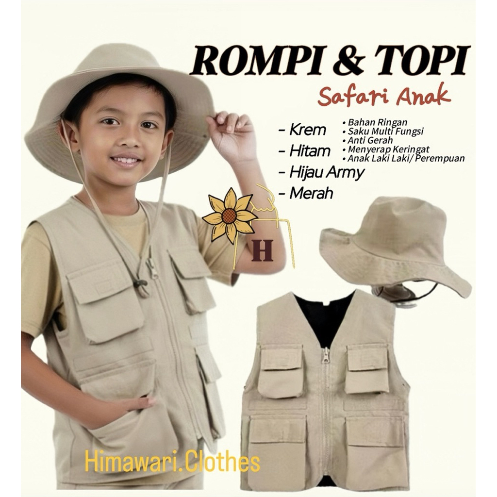 Vest Rompi Dan Topi Anak Safari Zoo/Vest Rompi Free Topi Anak Outdoor Safari Laki Laki Perempuan