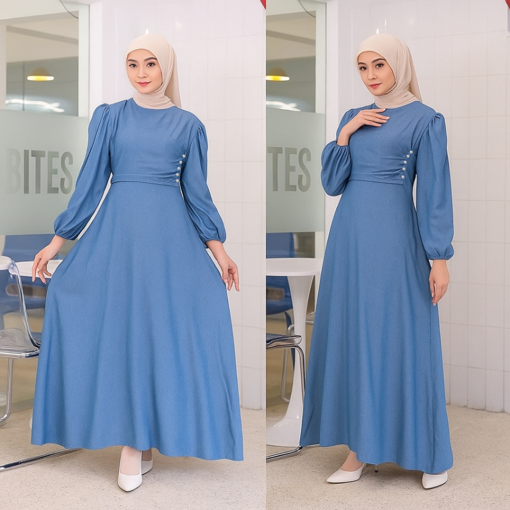 Naomi Dress Denim V1 / Dress Rempel / Dress kondangan / Dress Ceruty Polos Hiasan Mutiara Putih