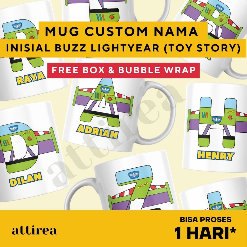 Mug Custom Inisial Nama - Buzz Lightyear Toy Story | Souvenir Kado Hadiah Unik Karakter Kartun