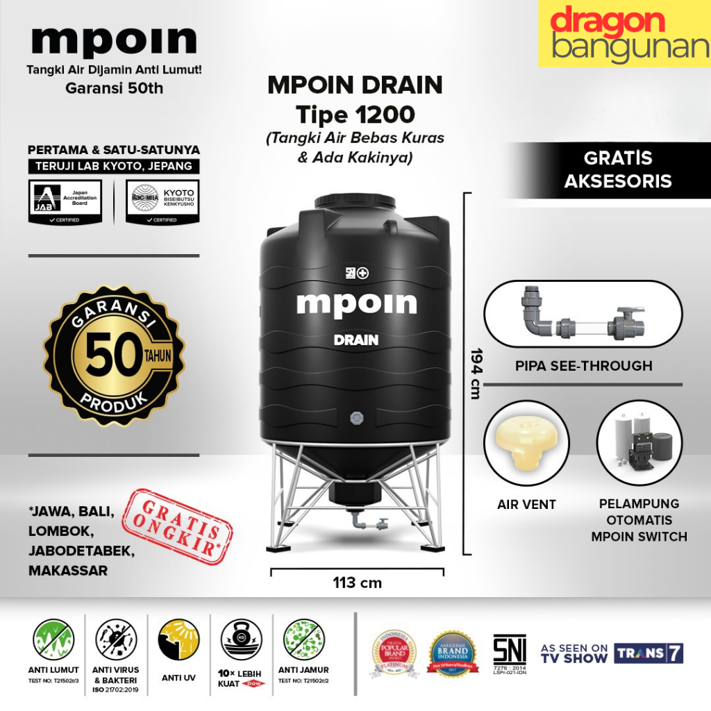 Tangki Air Mpoin Drain 1200 - Toren Tandon Air Mpoin Garansi 50 Tahun