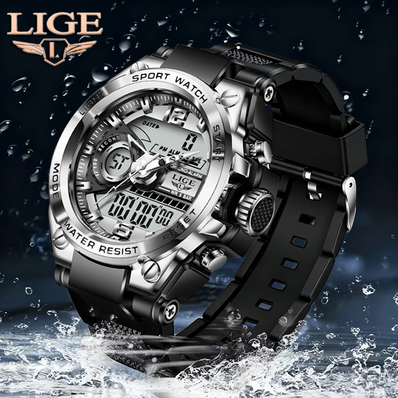 LIGE original jam tangan digital pria fashion bercahaya tahan air multi fungsi jam tangan + kotak