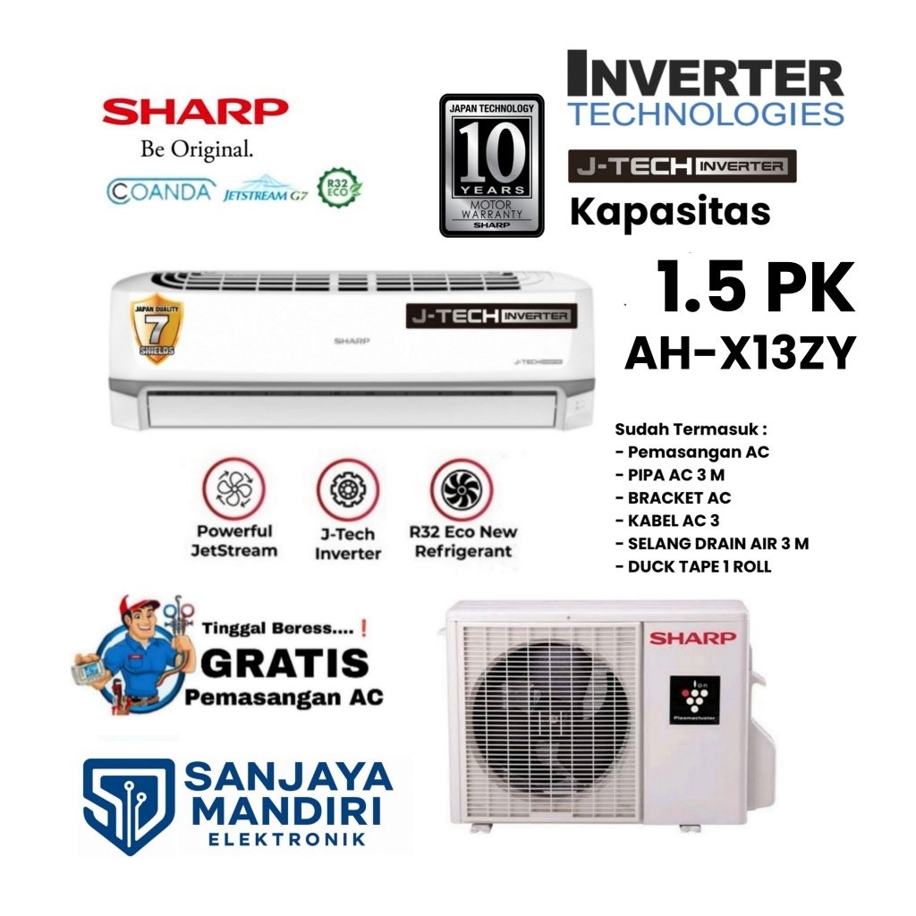 FREE PEMASANGAN SHARP AC Split J-TECH INVERTER 1.5 PK Turbo Cooling AH-X13ZY Ion PlasmaCluster R32 J