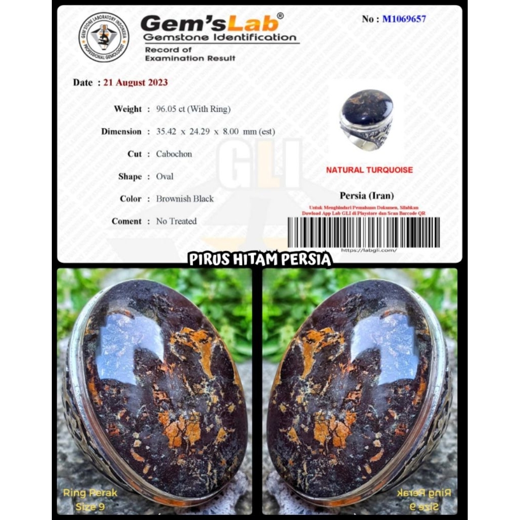 batu pirus hitam super jumbo iran + ring perak silver