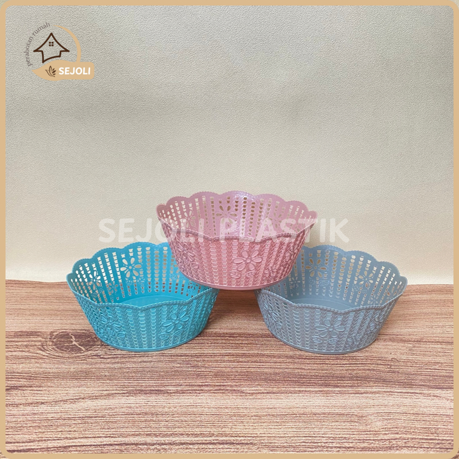 (1 LUSIN) KERANJANG BULAT PLASTIK VENUS RAJUT BUNGA PLASTIK BERKAT PARCEL HANTARAN SERBAGUNA