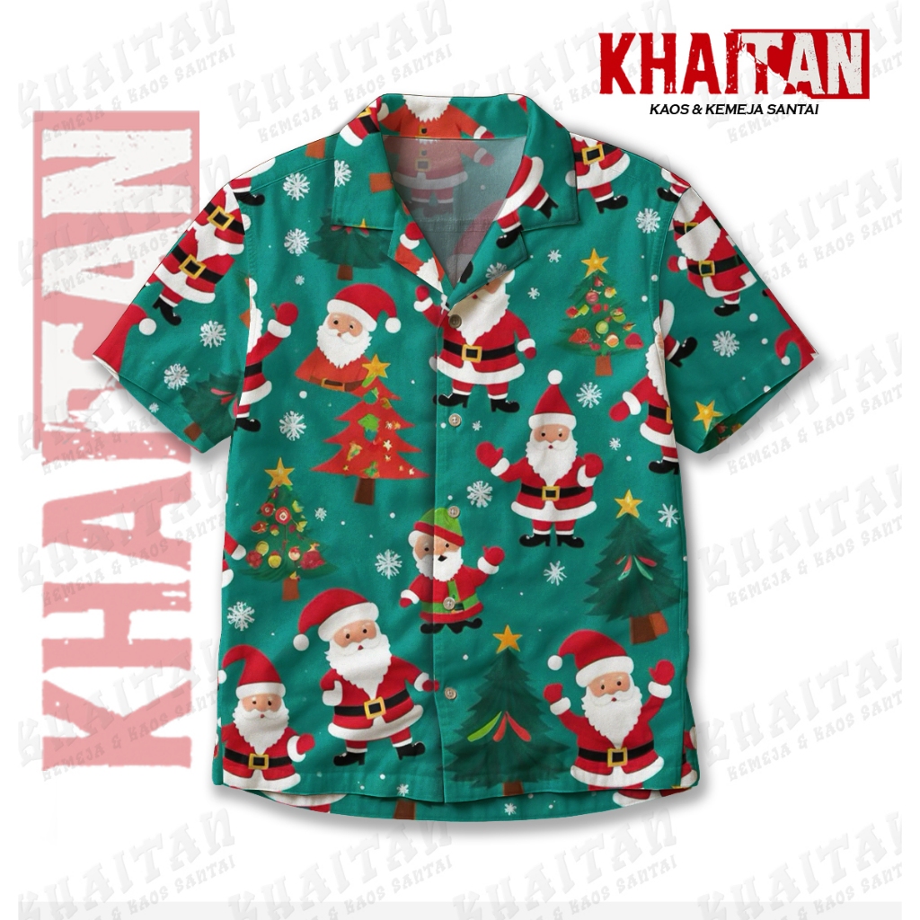 KHAITAN Kemeja Motif Natal Santa Claus Pohon Hijau Merah Pria Unisex Hawaiian | KT-219
