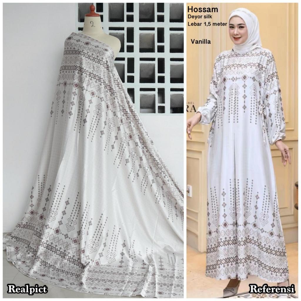 Kain Dior Silk Bahan Meteran Motif HOSSAM AYESA Bridesmaid Dress Baju Seragam Keluarga diyor silk