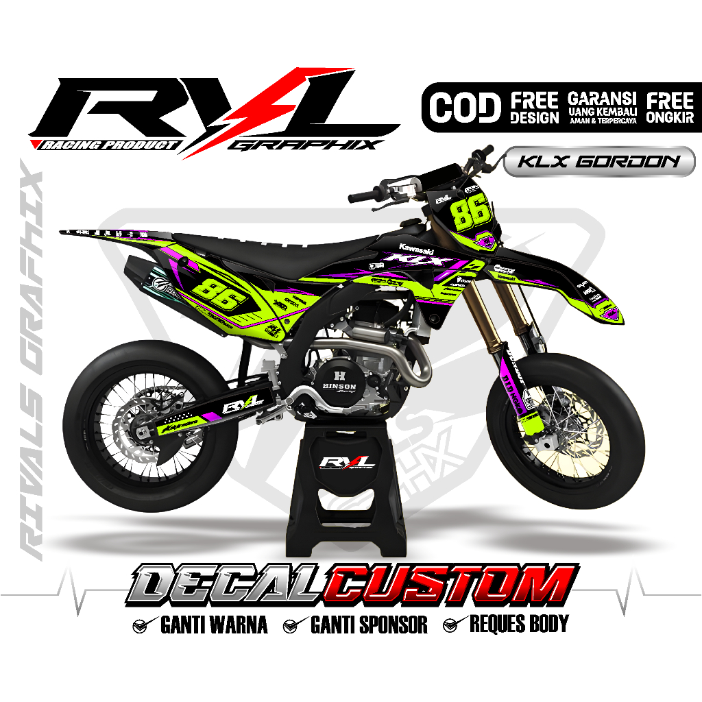 Decal klx gordon full body custom gambar hologram chrome tebal hitam kombinasi hijau