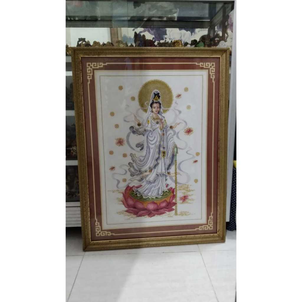 Lukisan Rajut Dewi Kwan Im Bingkai Kaca Kuno Jadul Antik