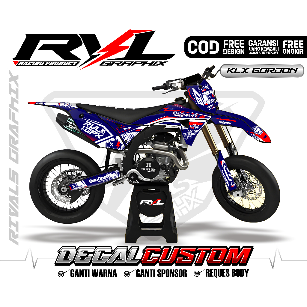 Decal Sticker Klx Gordon full body custom / hologram / chrome / tebal /biru navy premium