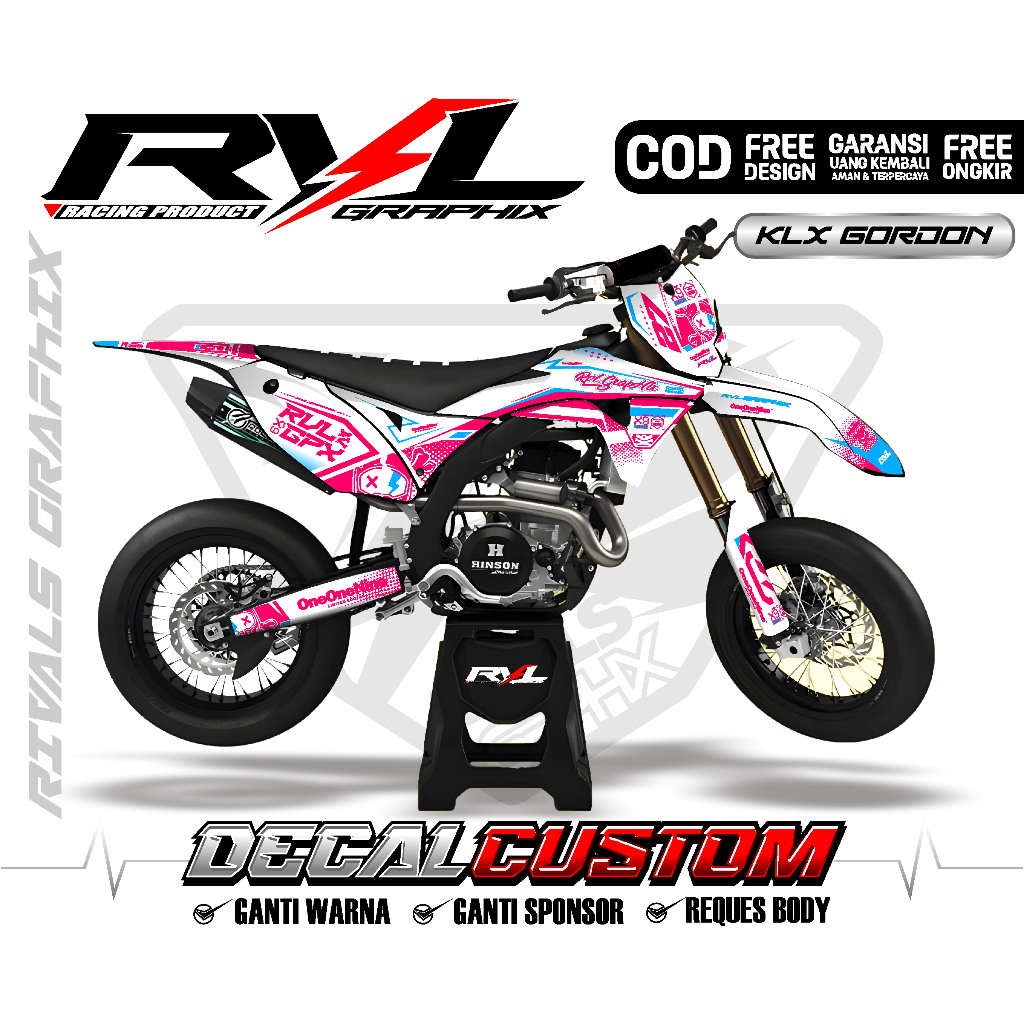Decal Sticker Klx Gordon custim Full body putih pink bahan premium