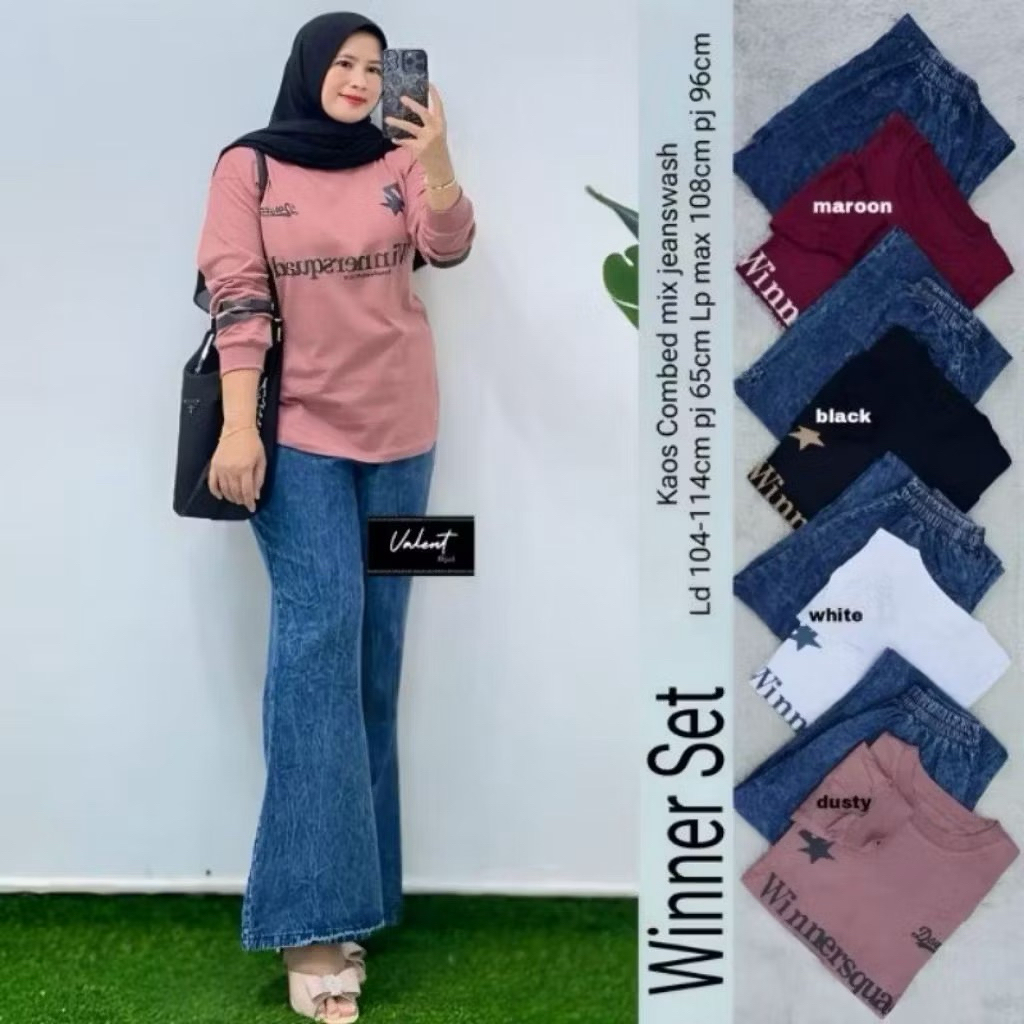 Oneset Jeans Kulot Wanita, Atasan Combed 24s, Celana Jeans Kulot, Setelan Wanita Terpopuler
