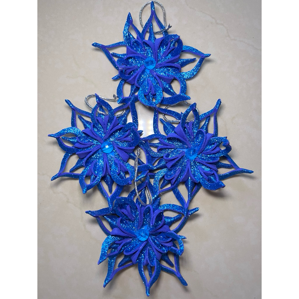 Dekorasi Natal Bunga Kertas Busa Glitter Biru/ Hiasan Pohon Natal Handmade (Biru)