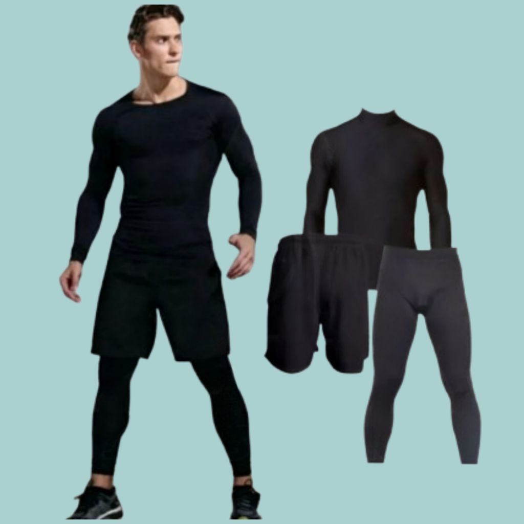 FULL SET BAJU LEGGING CELANA PENDEK OLAHRAGA PRIA MANSET BASELAYER FUTSAL GYM LARI SENAM PAKET BAJU 