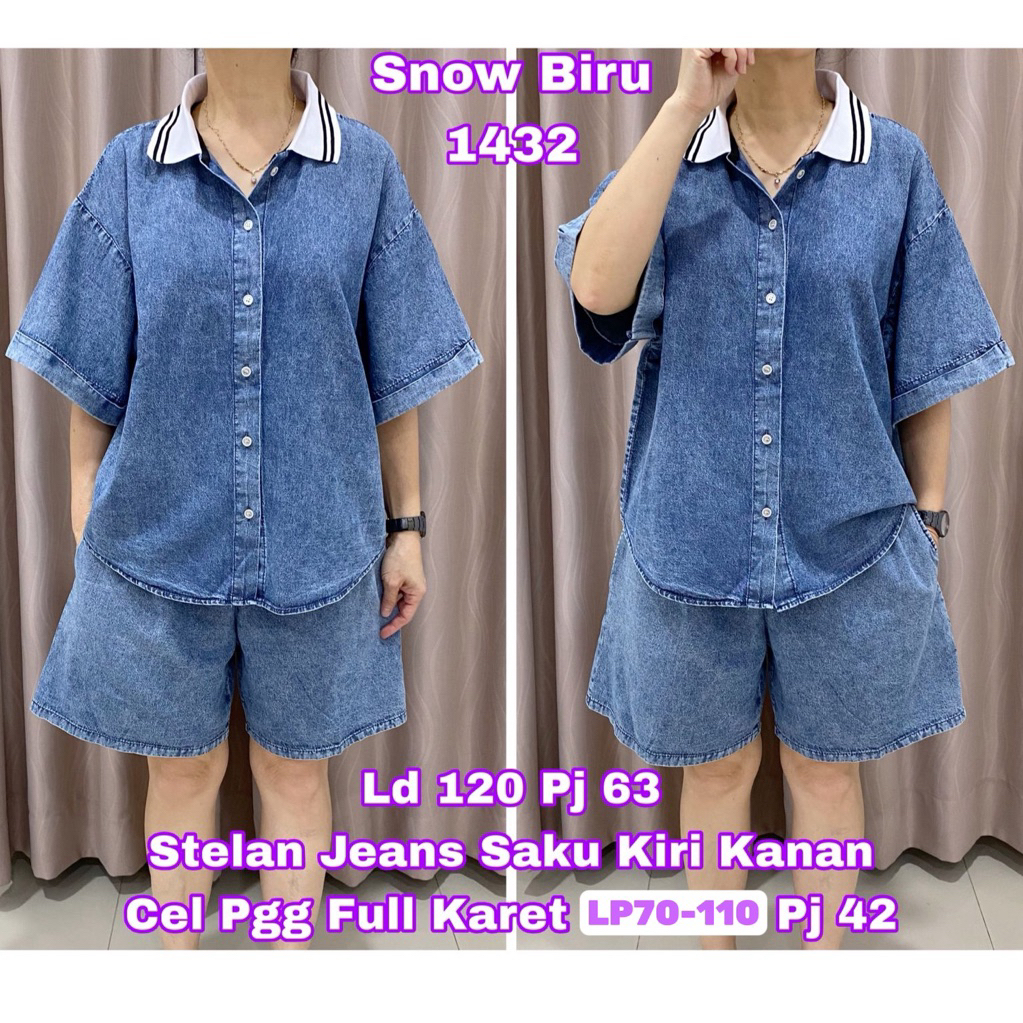 1432 SETELAN HP KEMEJA JEANS POLOS KERAH LIST LD120 WANITA|SETELAN CELANA PENDEK JEANS