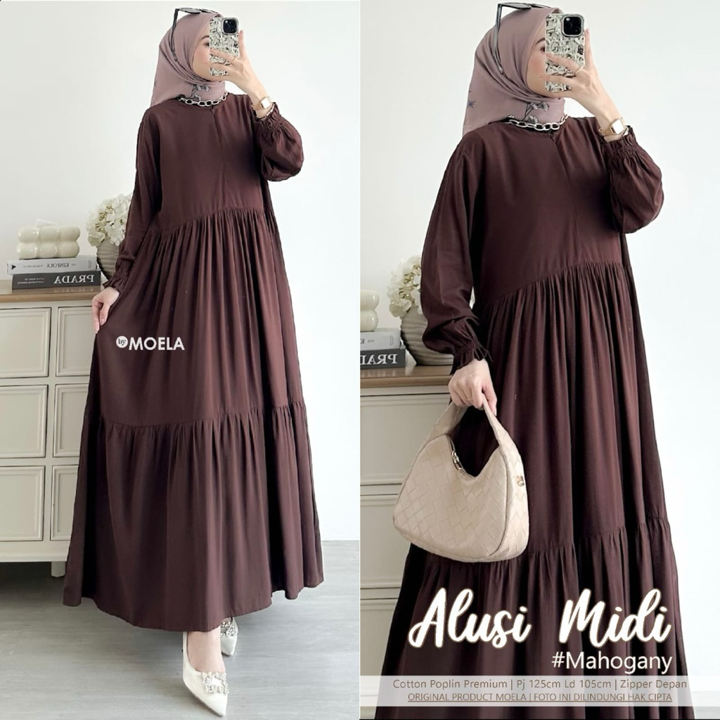 Gamis Midi Dress Busui Polos Katun Rayon Airflow Linen Original Moela & Moca