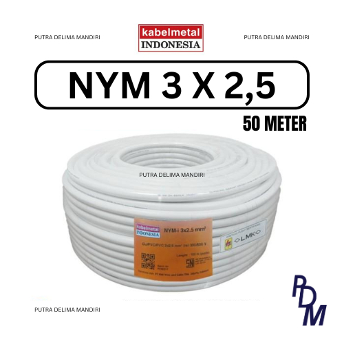 Kabel NYM 3x2.5 mm 50 Meter Roll KABELMETAL INDONESIA - Kawat Tembaga Tunggal PVC Putih Listrik KMI 