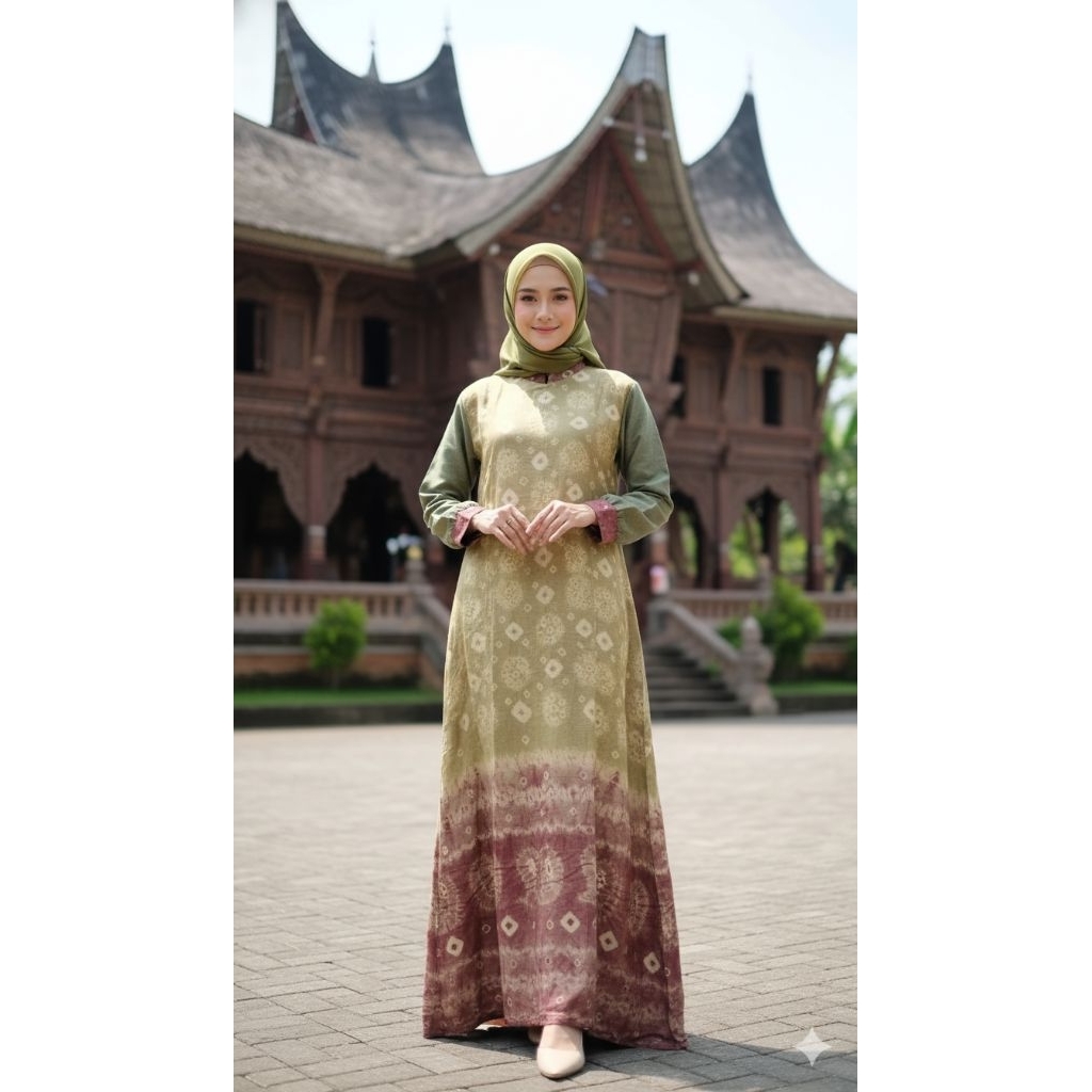 Gamis A Kerah Sanghai Lengan Kombinasi Katun Madinah Tayslik Miyak Titik 7 Jumputan Handmade