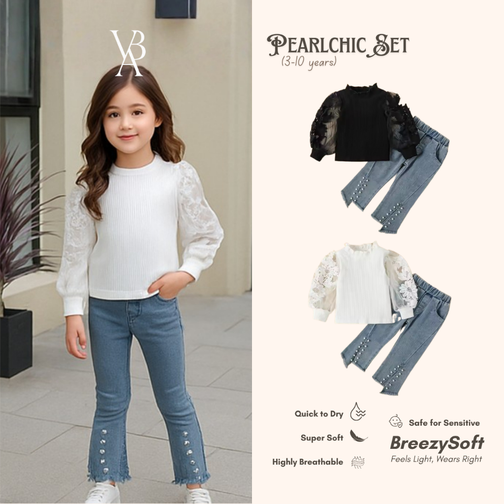 Venta Baby - PearlChic Set Atasan Brokat Katun Blouse & Celana Jeans Anak Perempuan 3-10 Tahun