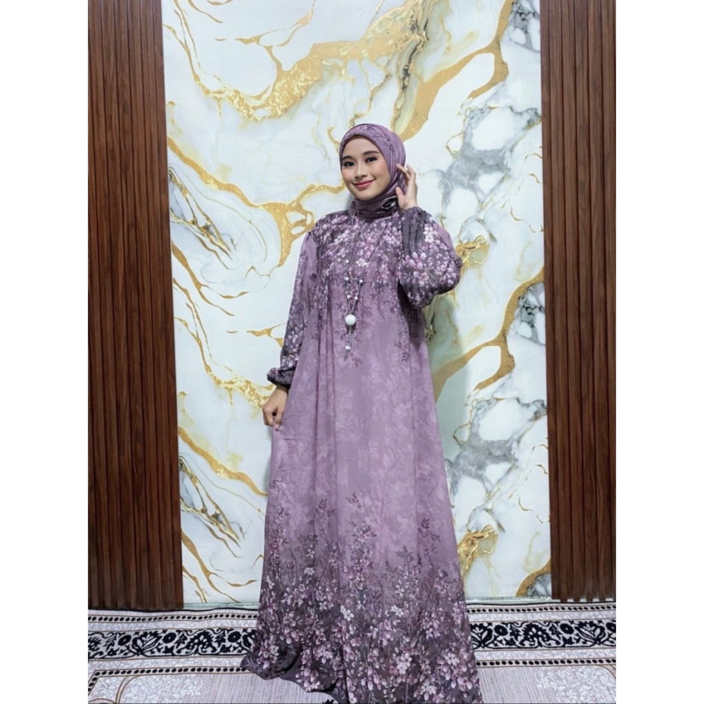 Gamis Set Hijab Yunita Butik Ceruty mix Puring Dengan Motif Bunga Elegan Dan Desain Modern