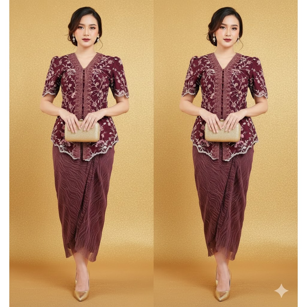 Ivory studio ready to wear burgundy beads kebaya + lacey wrapped skirt (one set) vyloved preloved