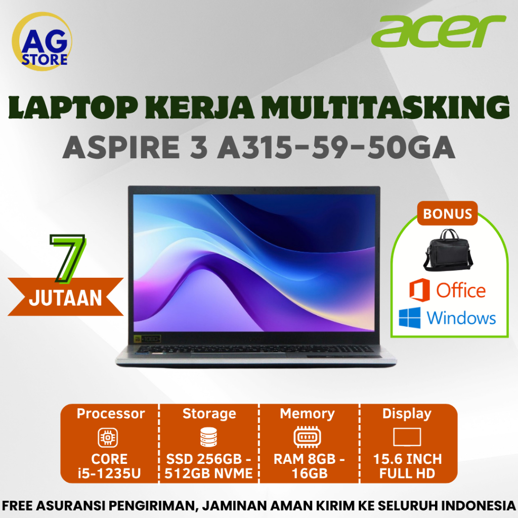 Laptop Acer Aspire 3 A315 - 50GA Core i5 - 1235U Ram 16Gb Ssd 512Gb 15.6" FHD - Laptop core i5 murah