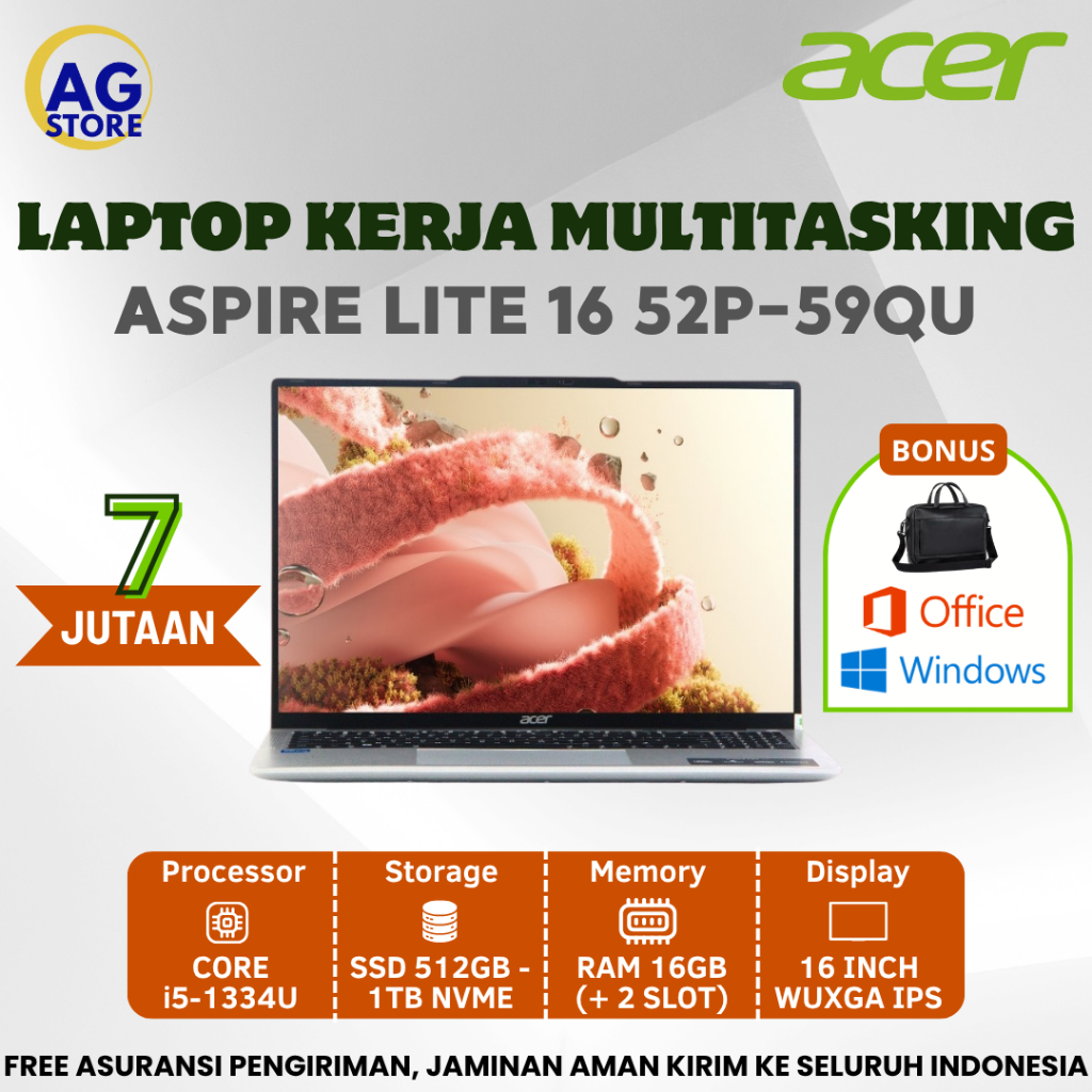 TERBARU Laptop Acer Aspire Lite 16 - 59QU Core i5 - 1334U Ram 16Gb Ddr5 Ssd 1Tb 16" Wuxga IPS