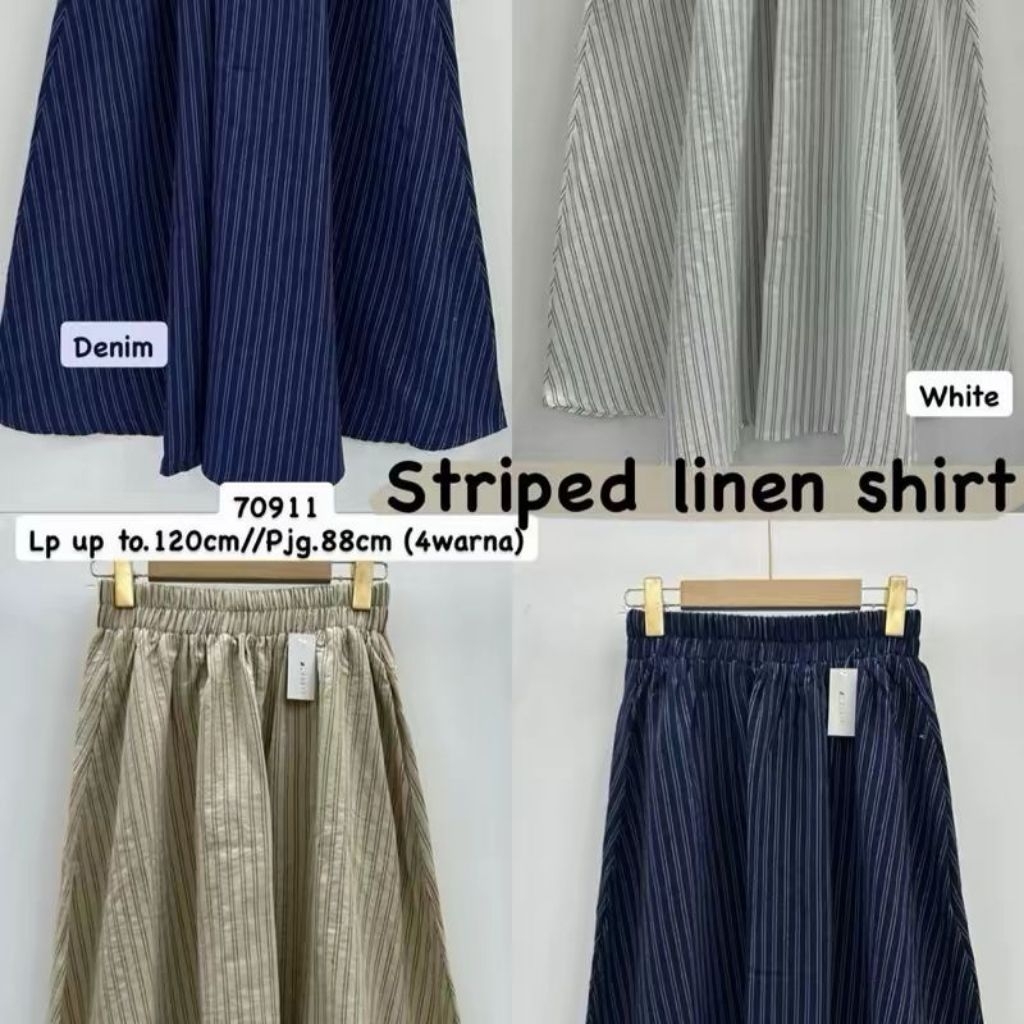 Rok Midi Linen Salur Premium/Rok Mayung Motif Salur Pinggang Karet /Rok Jumbo Premium