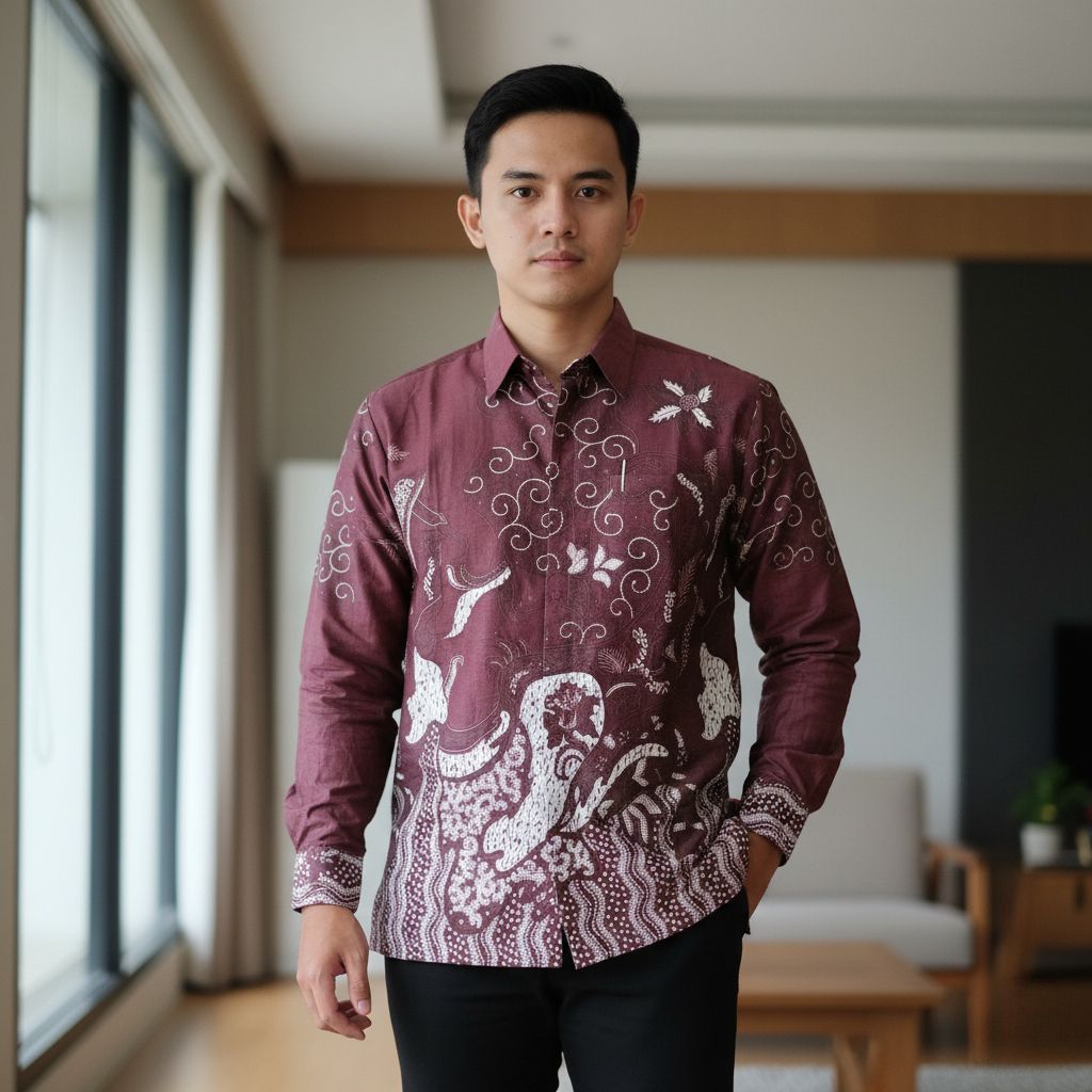 Fatih Batik Medan - Batik Pria Burgandy Lengan Panjang Bahan Katun KM9810 Seragam Baju Batik Cowok K