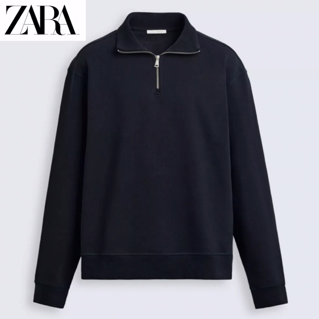 ZARA Men Sweatshirt Quarter Zip Sweater Pria Navy