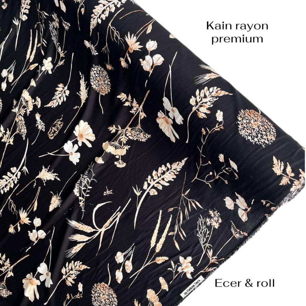 kain katun rayon motif bunga ranting hitam/kain rayon viscose premium