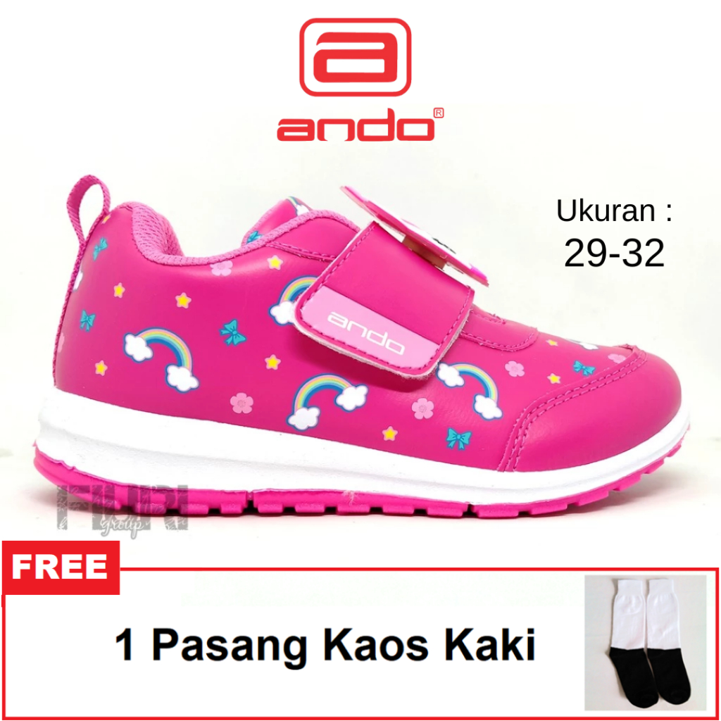 ANDO ORIGINAL -  ELINA PEREKAT 29-32 HITAM PINK PUTIH - SEPATU SNEAKERS KANVAS SOL KARET ANAK KECIL 