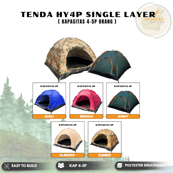 Tenda Camping Gunung HY Monodome Waterproof Single Layer 4P Tent Outdoor Frame Fiber