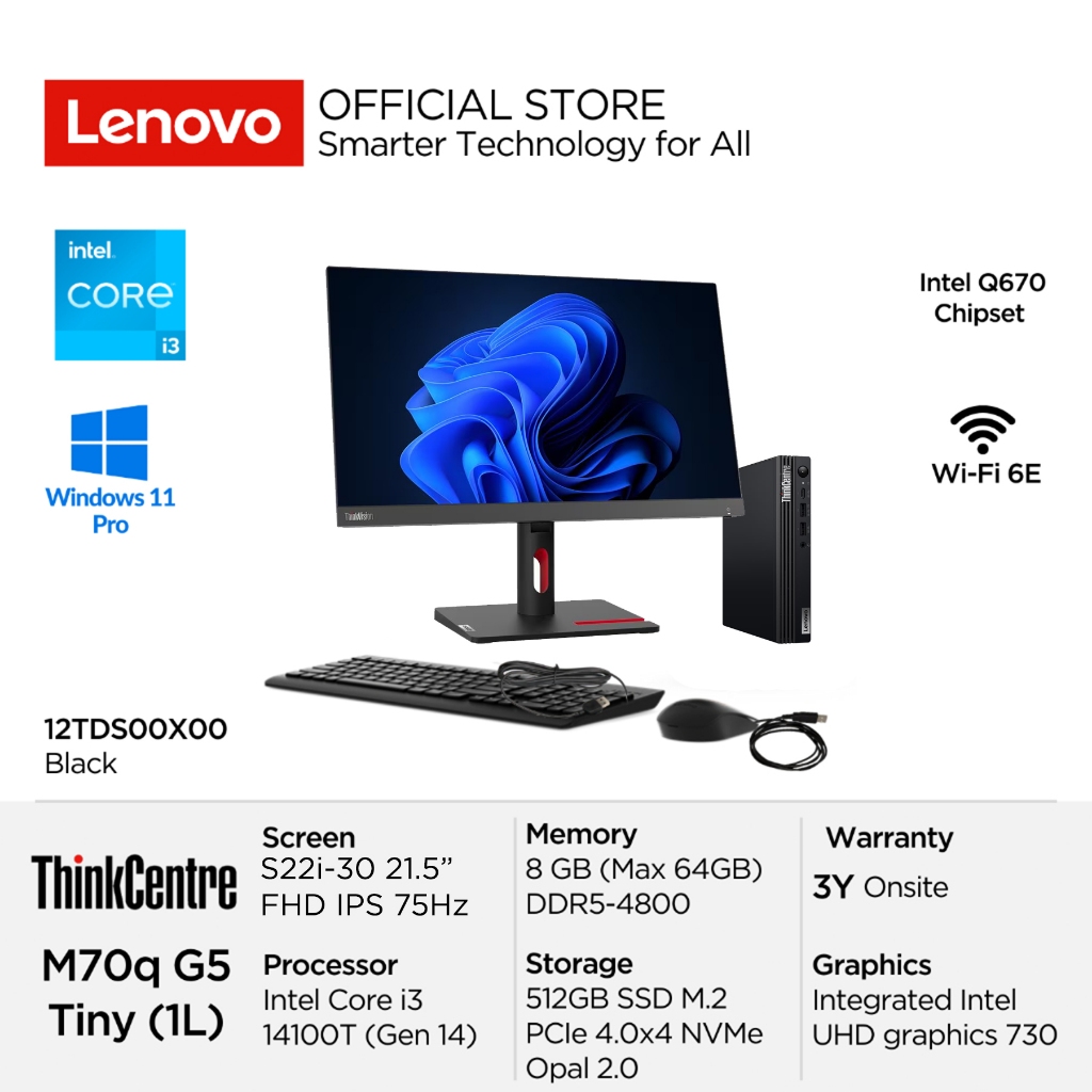 Lenovo PC ThinkCentre M70q Tiny Gen5 0X00 Intel Core i3 14100T Win11 Pro 8GB DDR5 512GB SSD Integrat