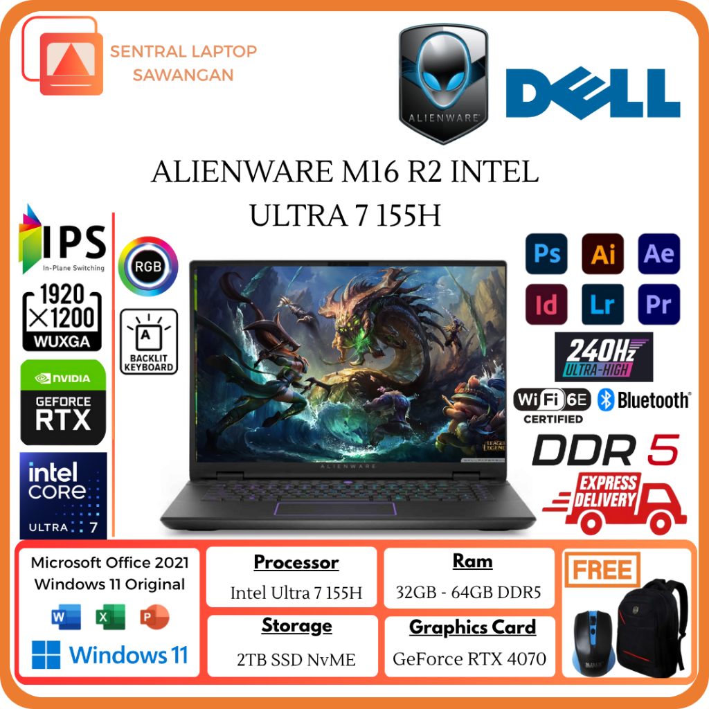 Laptop Gaming Alienware M16 Intel Ultra 7 155H 32GB 2TB SSD RTX4070 16 WQXGA 240Hz Win11
