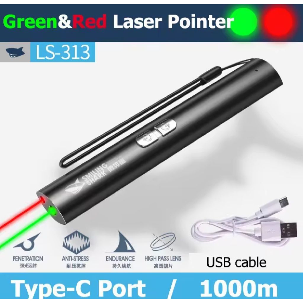 Green Laser Pointer SMILLING SHARK LS-313 Laser 2Warna Green Red Pen Usb Type-C Rechargeable