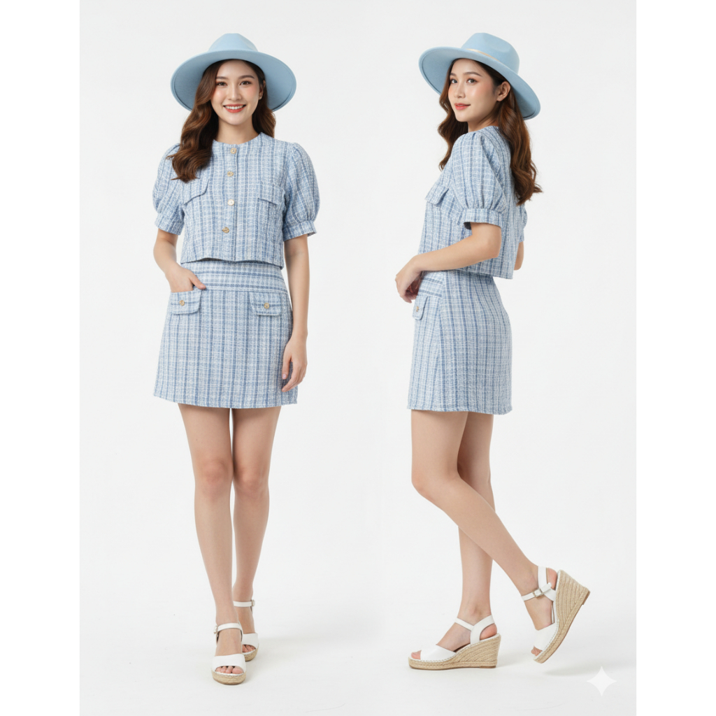 TWEED ala Chanel One set | crop top blazer | skort | skirt | Baby Blue | Set biru [Vyloved Preloved]