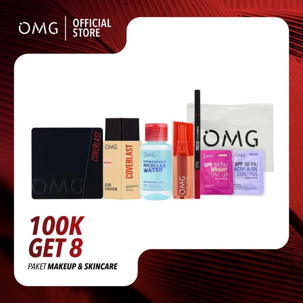[100K GET 8] OMG Oh My Glam Paket Make Up & Skincare - Foundation, Two Way Cake, Liptint, Eyebrow, M