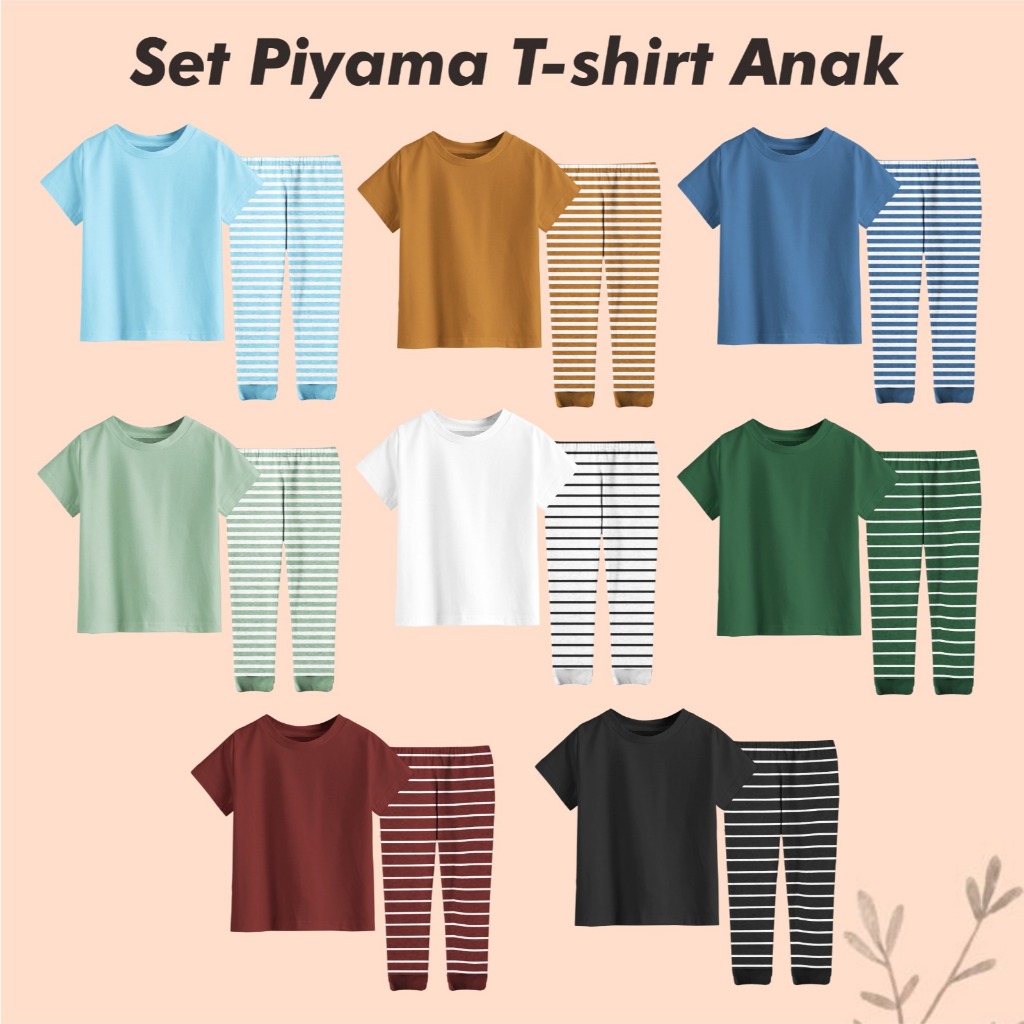 BLUESKIDS- Piyama T-shirt Celana Panjang Strip Polos Anak Laki-laki Perempuan