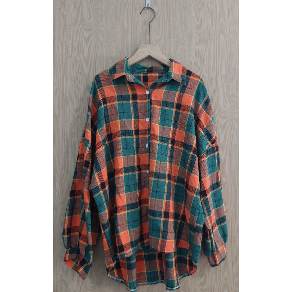 RAF Pakaian Kemeja Flanel Kotak Orange mix Hijau