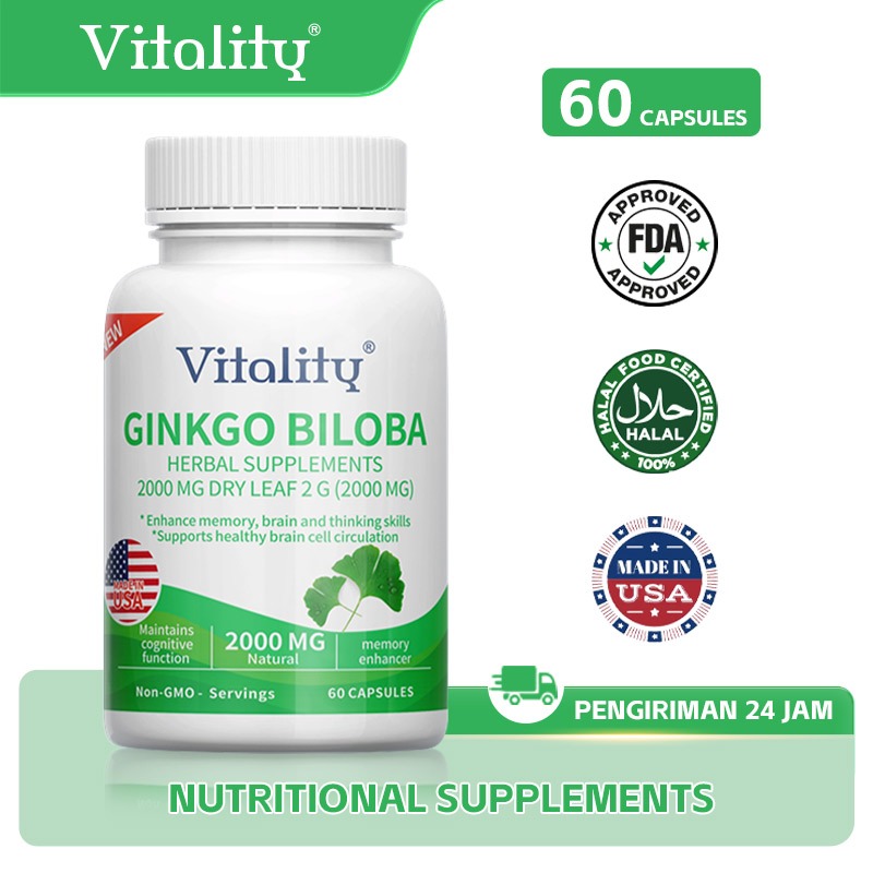 Original VITALITY Ginkgo Biloba Ekstrak 2000mg - Suplemen Kesehatan Otak & Peredaran Darah,