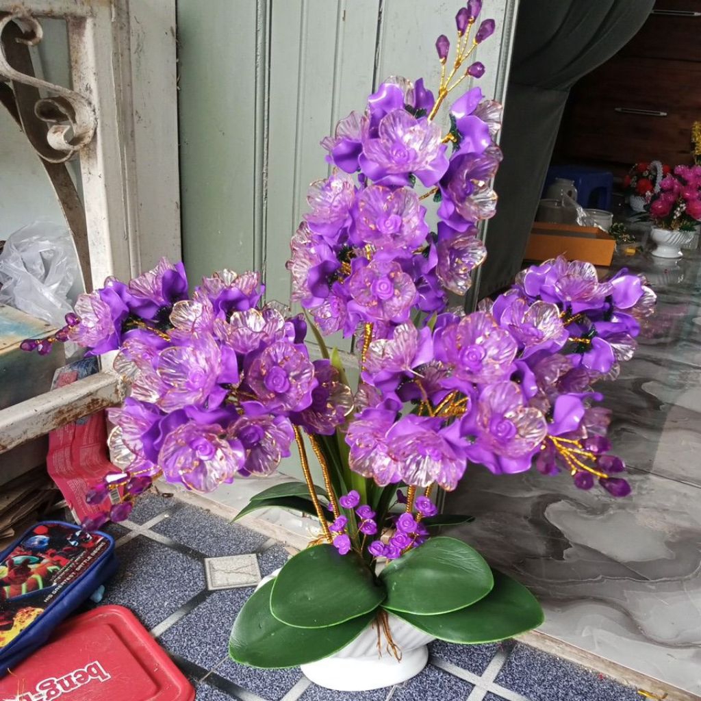 bunga anggrek akrilik set vas keramik