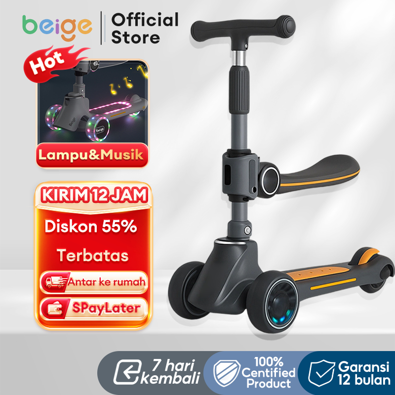 BEIGE Skuter Anak 3IN1 Mainan Roda Tiga Musik Lampu Skuter Mainan Lipat 2-12 Tahun