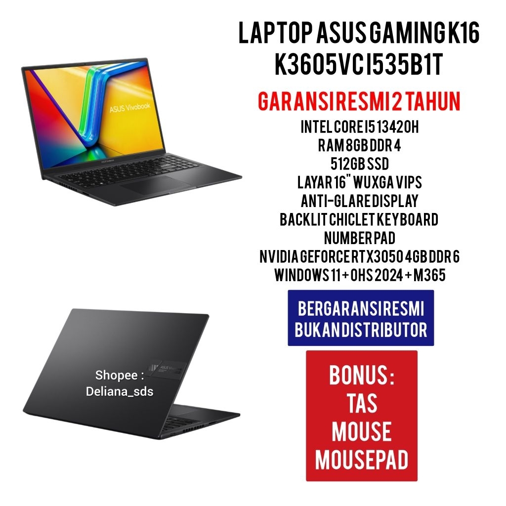 Laptop Gaming Asus K3605VC i535B1T Intel I5 13420H 8GB/512GB SSD RTX3050 4GB 16" WUXGA VIPS Garansi 